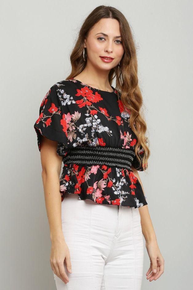 Women's Polyester Cinched Lace Waist Printed Top