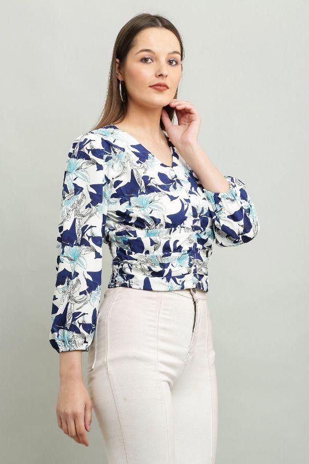 Women's Polyester Floral Print V-Neck Top