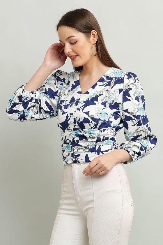 Women's Polyester Floral Print V-Neck Top